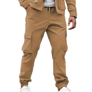Men's khaki cargo joggers with drawstring waist, side flap pockets and elastic cuffs