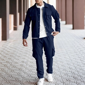 Men's navy multi-pocket tactical cargo jacket and pants set for outdoor casual wear