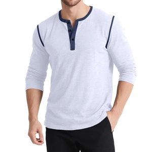 Men's long sleeve white Henley shirt with navy contrast stitching and three-button neckline
