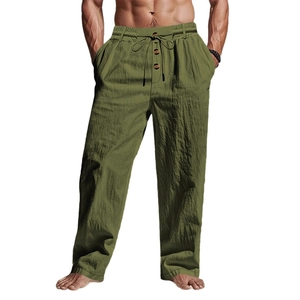 Men's breathable olive green linen pants with drawstring waist and wooden buttons