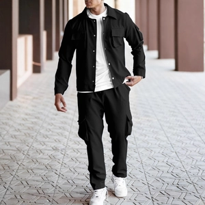 Men's black cargo jacket and pants set with multi-pockets for urban street style