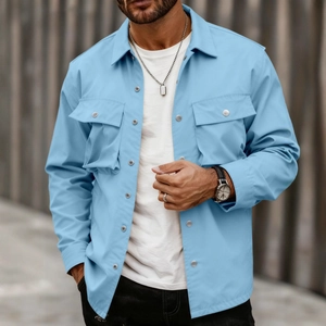 Slim fit men sky blue cargo jacket with metal buttons and chest flap pockets