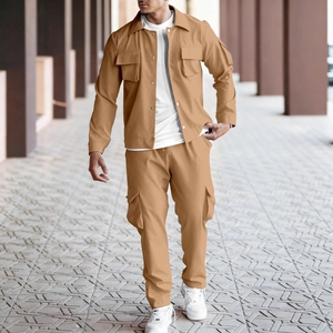 Men's Casual Cargo Workwear Top And Bottom Long Sleeve Multi-pocket Jacket And Cargo Pants Set Urban Streetwear
