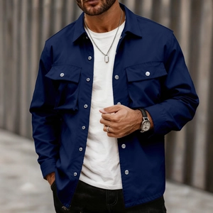 Men's navy blue casual workwear jacket with flap chest pockets and metallic buttons
