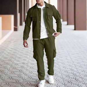Men's army green cargo suit set with multi-pocket jacket and matching work trousers