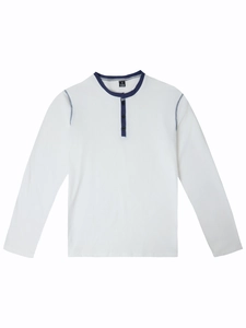 Detail of white cotton blend Henley shirt showing size S and fabric composition label