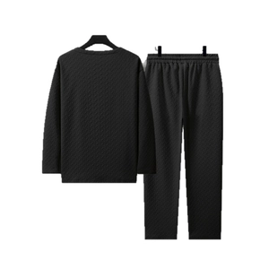 Men's casual long sleeve black knit set with textured herringbone pattern and drawstring pants