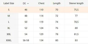 Size chart for men's casual jacket showing chest and sleeve measurements from S to 3XL