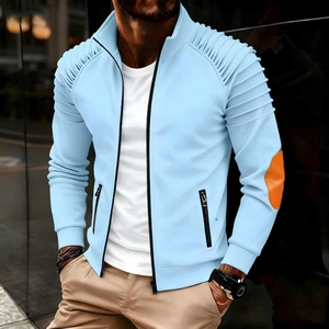 Men's light blue zip jacket featuring pleated arm design and orange elbow patches