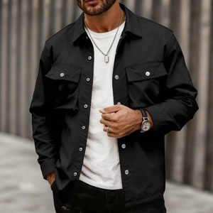 Men Casual Cargo Jacket Fleece Lined Multi Pocket Utility Shacket Cotton Blend Lapel Single Breasted Solid Color Outwear