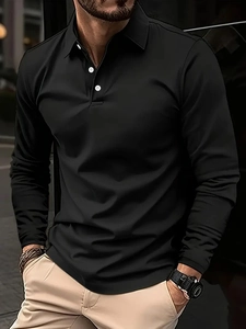 Slim fit black long sleeve polo shirt with three buttons and classic collar in urban setting