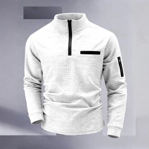 Men's Waffle Knit Quarter-Zip Polo Shirt Long Sleeve Stand Collar Cotton Blend Casual Sporty Top With Sleeve Pocket