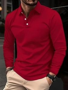 Classic red long sleeve polo shirt for men with three-button collar in slim fit style