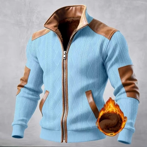 Men's light blue knit jacket with thermal fleece lining and brown leather accents