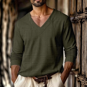 Men's olive green V-neck long sleeve polo shirt with textured waffle knit pattern