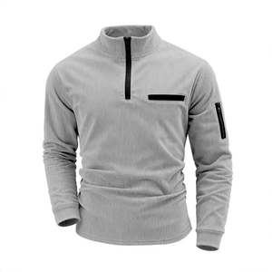 Men's light grey corduroy stripe polo shirt with quarter zip and sleeve pocket detail