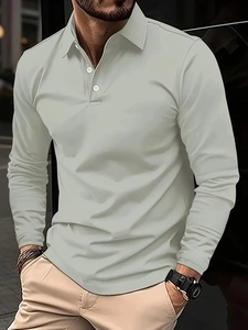Detail of grey-green long-sleeved polo shirt showing three-button placket and collar