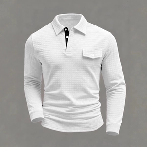 Men's white long sleeve waffle knit polo shirt with contrast collar and chest pocket
