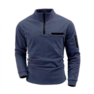 Men's quarter-zip corduroy long sleeve polo shirt in grey-blue with arm zipper pocket