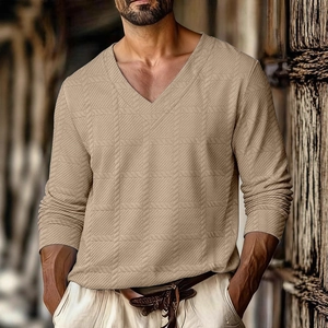 Men's V-neck long sleeve T-shirt with khaki plaid jacquard pattern and drop shoulder design