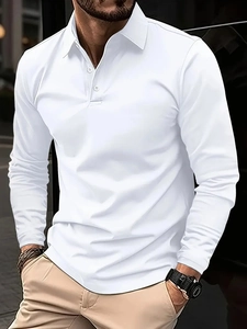 Men's Long Sleeve Polo Shirt Casual Solid Color Lapel Three Button Top For Spring Autumn Cotton Blend Fashion Polo Shirt