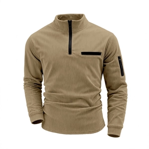 Men's Casual Corduroy Striped Long Sleeve Polo Shirt 1/4 Zip Pullover With Arm Sleeve Pocket Outdoor Sport Leisure Top