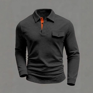 Men's dark grey long sleeve checkered polo shirt with orange contrast collar detail