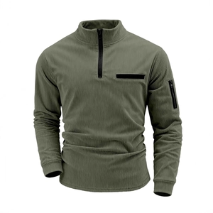 Men's olive green corduroy polo shirt with quarter-zip and tactical arm pocket detail