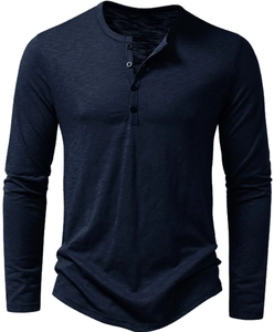 Close-up of deep blue men's slub cotton Henley shirt showing texture and button details