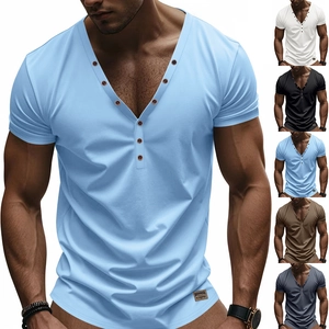 Men's Slim Fit Henley T-Shirt American Casual Deep V Neck Button Short Sleeve Top Smart Fashion Solid Color Polyester Tee
