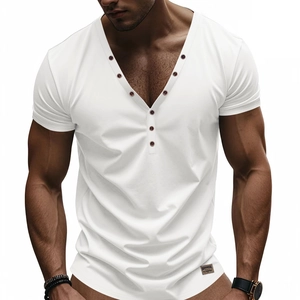 Close-up of white men's Henley shirt featuring a deep V-neckline with dark buttons