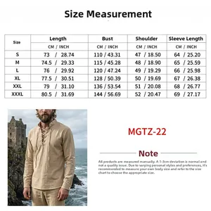 Detailed size chart for men's vintage linen long sleeve henley shirt from S to 3XL