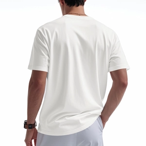 Rear view of men's loose fit white Henley short sleeve shirt in soft cotton fabric