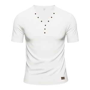 Detail view of the button-up V-neckline and fabric texture of the white henley t-shirt