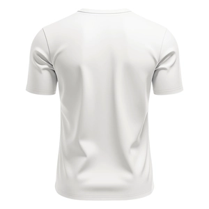 Rear view of white short-sleeve Henley shirt with smooth, premium fabric texture