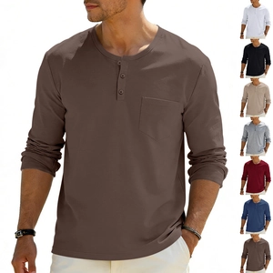 Close-up of Men's American retro long sleeve Henley shirt with buttoned collar and pocket