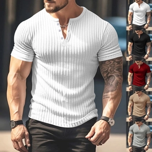 Detailed view of ribbed knit Henley shirts for men in five versatile color options