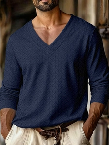 Detail shot of men's navy V-neck long sleeve tee with textured wave pattern fabric