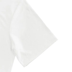 Detailed close-up of double-stitched sleeve cuff on white cotton Henley shirt