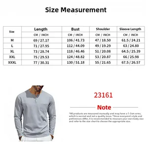 Detailed size chart for men's Henley shirt with measurements in CM and INCH units
