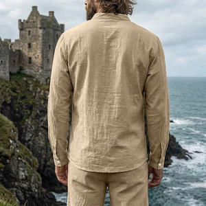 Close-up of khaki linen fabric texture and back details of a loose Henley shirt