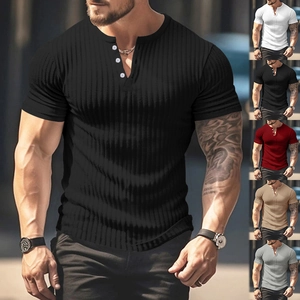 Detailed macro view showing the vertical ribbed texture and three-button Henley neckline