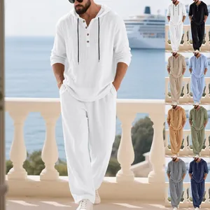 Close-up of linen fabric texture and eight color options for men's casual two-piece sets