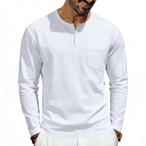 Detail of white cotton Henley shirt featuring a three-button neckline and chest pocket