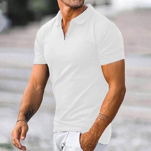 Detail of white slim fit men's polo shirt featuring a modern metal zipper neckline design