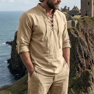Close-up of vintage khaki linen shirt with lace-up collar and natural texture detail