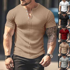 Detail view of ribbed cotton knit fabric texture and Henley neckline on short sleeve shirt