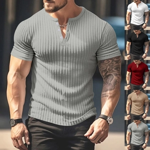 Detailed view of textured knit Henley shirts for men in six different colors