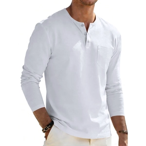 Close-up detail of white long-sleeve Henley shirt featuring three buttons and a chest pocket