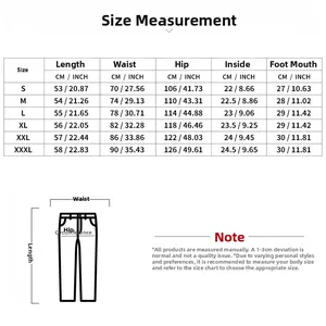 Detailed size chart for men's linen shorts showing waist, hip, and length measurements
